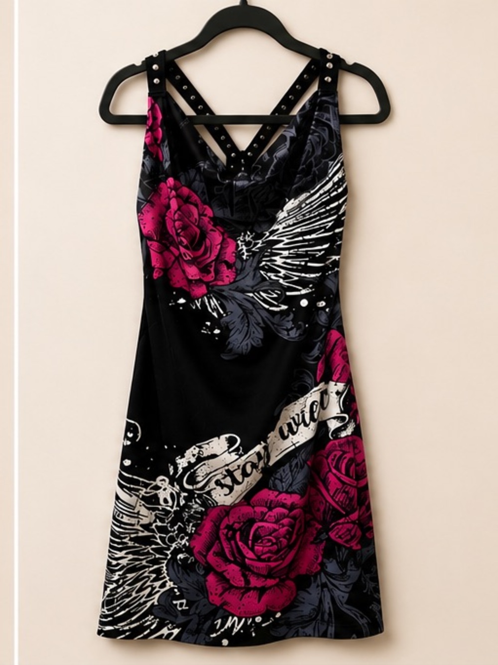SHEIN Stay Wild Rose Graphic Studded Strappy Mini Dress Size Small